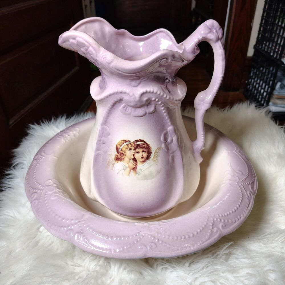 Victorian Coquette Lilac VTG Wash Basin & Pitcher Girl Cherub Graphics
